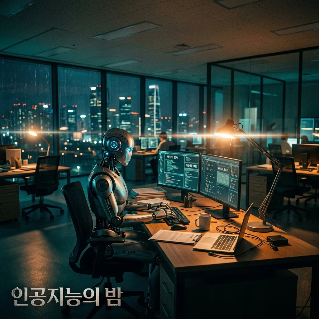 시네마틱 스타일 — AI 로봇이 사무실에서 일하는 장면