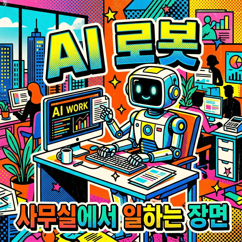 키치/팝아트 스타일 — AI 로봇이 사무실에서 일하는 장면